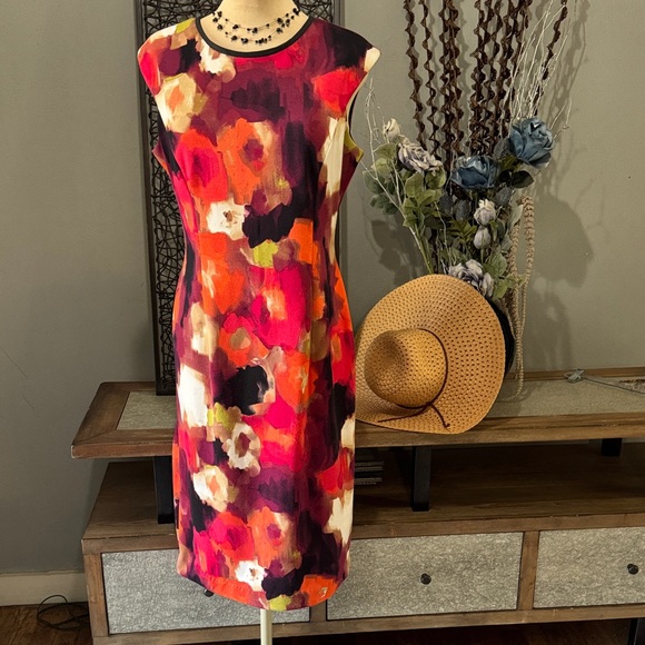 London Times Abstract Floral Sheath Dress Size 12 Red Orange Career Event - Picture 2 of 9